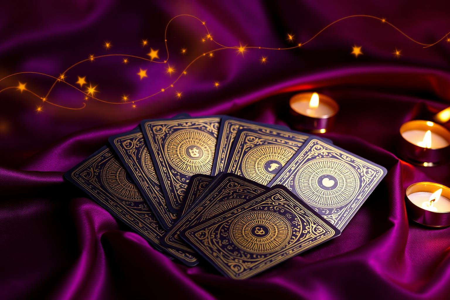 Carte dei tarocchi con incisioni dorate su seta viola con candele e stelle dorate